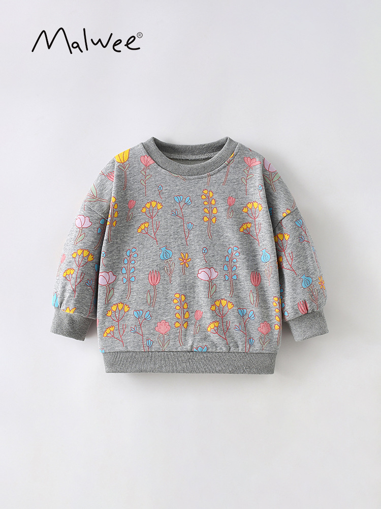 Malwee niñas camisas casuales vestidos de otoño nuevos niños europeos y estadounidenses impresión de aire extranjero camisa de cuello redondo camisa de manga larga