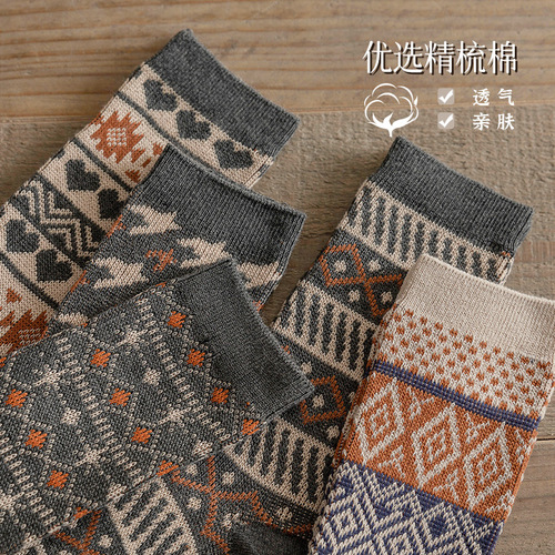Double needle double-way socks for women's mid-tube socks thickened warm wireless head stockings retro ethnic style