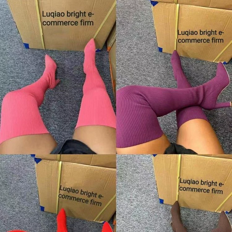 Женские сапоги-носки 2025 осень-зима новые эластичные сапоги выше колена на толстом каблуке с острым носком узкие сапоги вязаные сексуальные бежевые сапоги