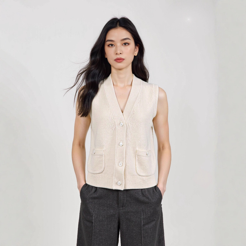 2026 Spring/Summer Collection: All-Wool Sleeveless V-Neck Knit Vest, Simple Solid Color V-Neck Knit Layered Vest Cardigan