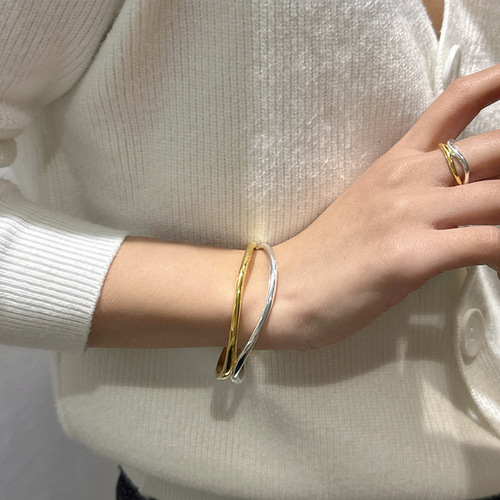 S925 silver Korean version niche design fashionable gold and silver contrast double-layer bracelet personality simple fashionable wave bracelet