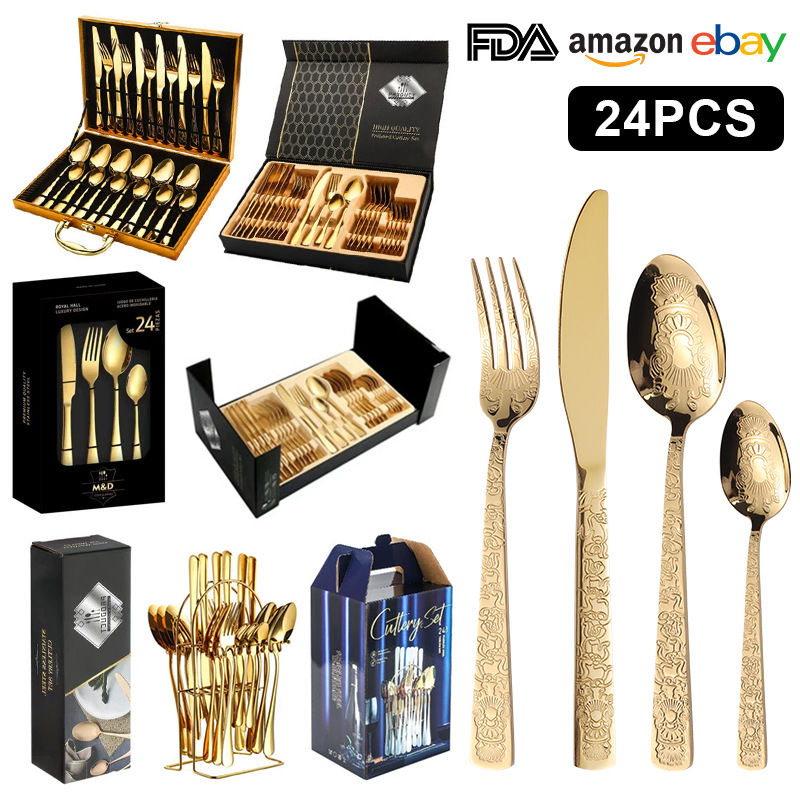 Cuchillo, tenedor, cuchara, vajilla de acero inoxidable transfronterizo, patrón de tótem, mango cuadrado, comida occidental, bistec, cuchillo, tenedor, cuchara, juego de caja de regalo