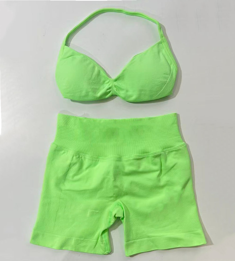 Conjunto DF Amazon pantalones cortos explosivos sujetador pequeño alto elástico superfino nailon halter cuello hermoso chaleco deportivo trasero