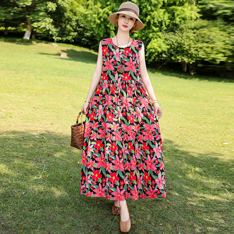 Vest Dress Summer Outer Wear New Extended Version Sleeveless Cotton Silk Large Size Dress Large Hem Skirt Seaside Vacation Beach Skirt Vest Dress Summer Outer Wear New Extended Version Sleeveless Cotton Silk Large Size Dress Large Hem Skirt Seaside Vacation Beach Skirt
