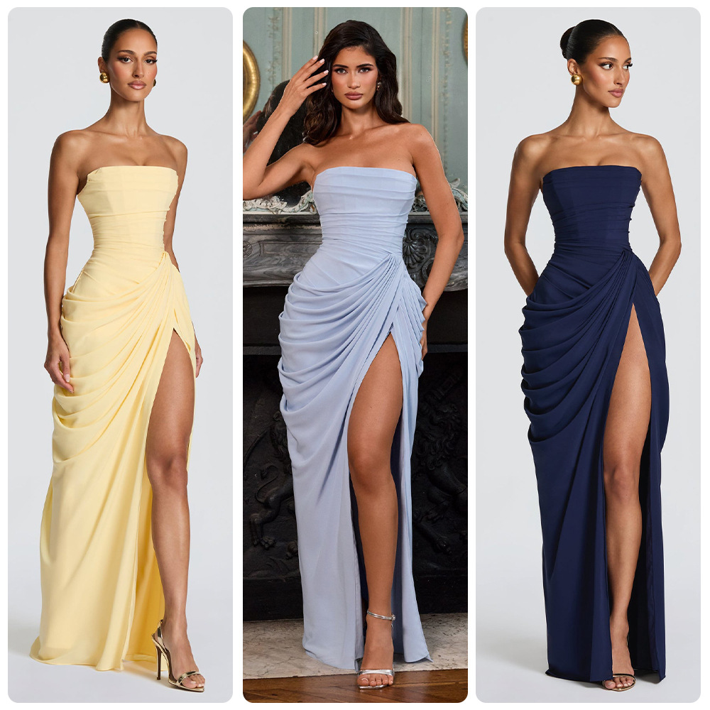 European And American Style Asymmetrical Pleated Strapless High Slit Dress Sexy French Romantic Design 2026 New Dress_ecoleips.com