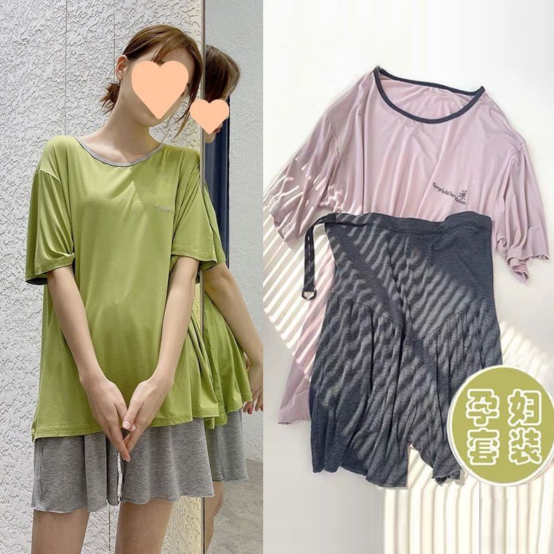 (2개) 임산부 여름 잠옷 세트 아우터 웨어 루즈 여름 얇은 스타일 배 지지 임산부 홈 의류 대형 사이즈 반바지 투피스 세트
