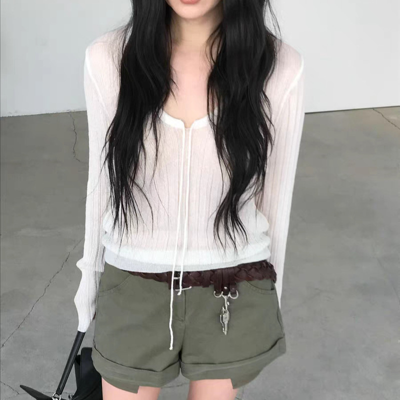 Fan Sun·Xh 2026 Spring New Korean Dongdaemun Simple V-Neck Slimming Tie Strap Ribbed Pullover Knit Sweater Top Fan Sun·Xh 2026 Spring New Korean Dongdaemun Simple V-Neck Slimming Tie Strap Ribbed Pullover Knit Sweater Top