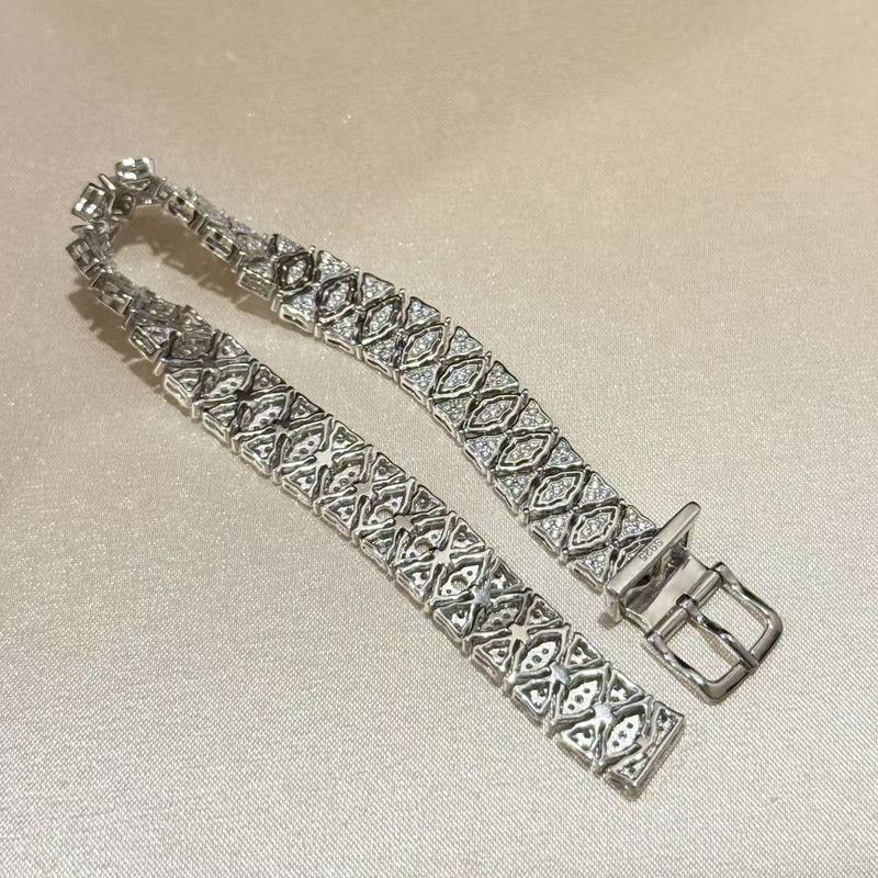 S925纯银 布契风交叉纹满钻软骨皮带手链意大利蕾丝工艺菱形镶钻|undefined