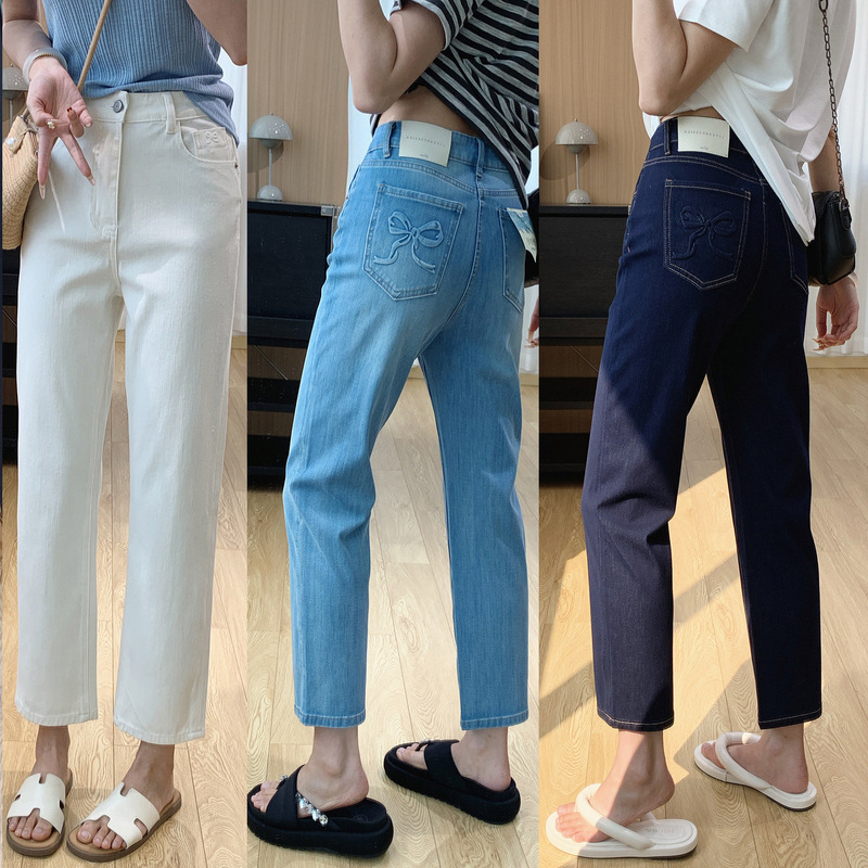 2026 Summer Thin Cool-Touch Ice Silk Four-Way Stretch Bowknot Narrow Straight-Leg Women's Cropped Cigarette Jeans 2026 Summer Thin Cool-Touch Ice Silk Four-Way Stretch Bowknot Narrow Straight-Leg Women's Cropped Cigarette Jeans