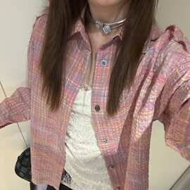 美式独特格子衬衫女设计感早秋季新款叠穿韩系衬衣外穿chic小上衣