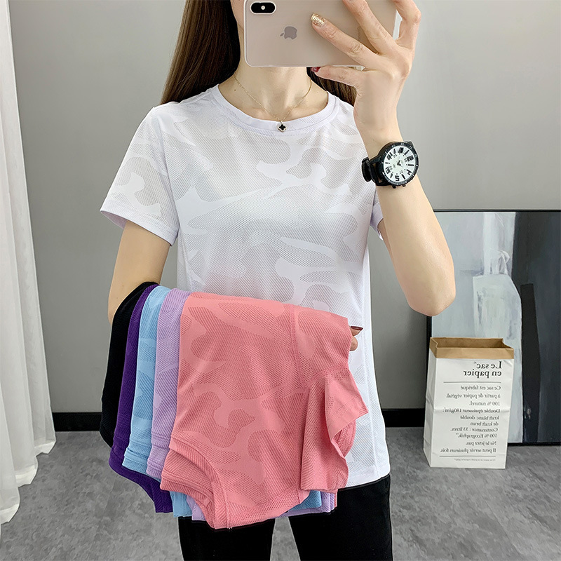 Women's Camouflage Crewneck T-shirt Yoga Slim Solid Color Group Buying Travel Outdoor Sports Summer Jacquard Quick-dry Short-sleeved Women's Camouflage Crewneck T-shirt Yoga Slim Solid Color Group Buying Travel Outdoor Sports Summer Jacquard Quick-dry Short-sleeved