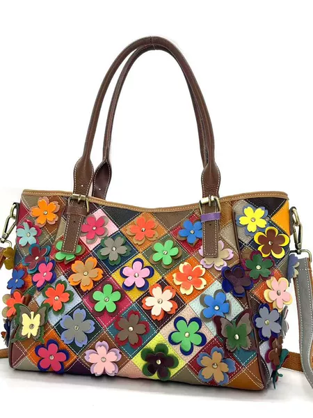 European and American Style Genuine Leather Women's Bag with Floral Quilted Pattern, Shoulder Bag, Crossbody Bag, Large Capacity Casual Tote Bag, New Model