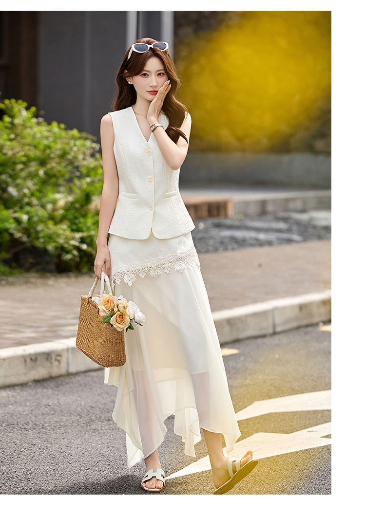 Bộ áo gile không tay và chân váy nữ cao cấp 2026 thiết kế thanh lịch tôn dáng hai mảnh YH6127 — Sữa hạnh nhân, màu trắng ngà chi tiết 13