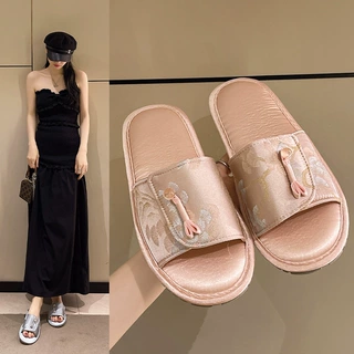 时尚民族风平底拖鞋女夏季复古刺绣居家防滑拖鞋一字型中式凉拖鞋