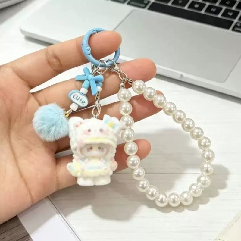 Cute plush bear beaded phone lanyard keychain for women, pearl chain pendant accessory, cartoon decoration Cute plush bear beaded phone lanyard keychain for women, pearl chain pendant accessory, cartoon decoration