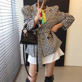 尺寸已更新 韩国chic 法式秋冬泡泡袖系带收腰显瘦千鸟格大衣外套