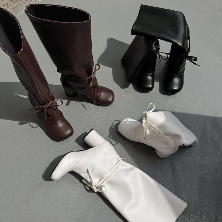 Two-Layer Cowhide Lace-Up High Boots for Women, Knight Boots, Winter New Style, Genuine Leather, Round Toe, Thick High Heels, Knee-High Boots for Women, Single Boots