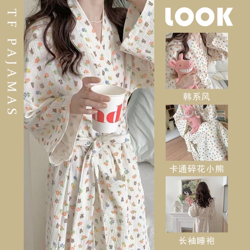 Spring and Autumn Japanese Kimono Nightgown Girl Sweet Cute Bear Bathrobe Pajamas Women's Long Home Clothes Nightgown Summer