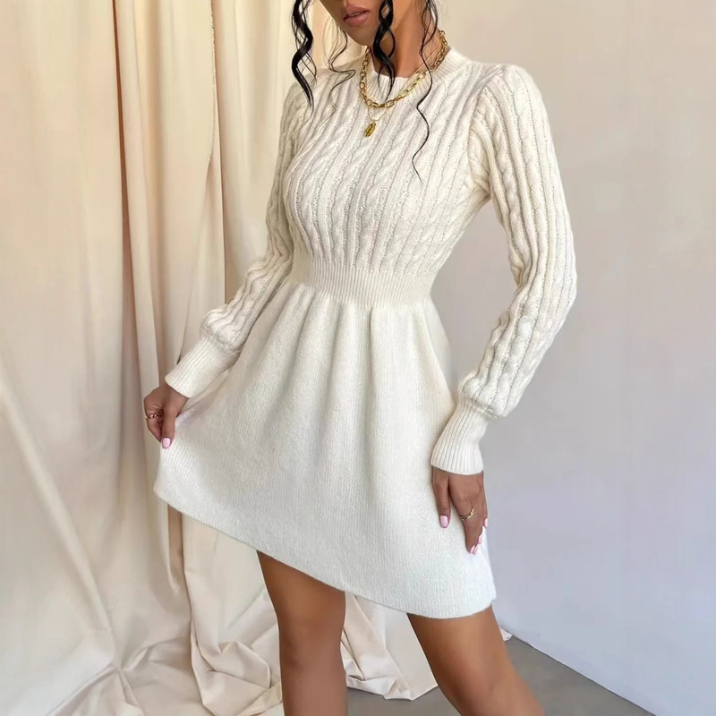 Knitted Dress for Women 2025 Autumn and Winter New Korean Style Waist-Cinching New Year's War Dress Round Neck Bottoming Twist Skirt