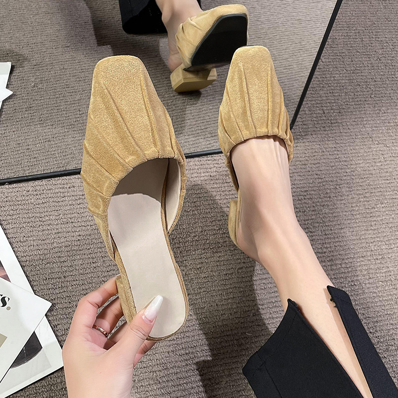 Baotou – pantoufles britanniques confortables à semelle basse et épaisse pour femmes, vêtements d'extérieur à la mode, petites pantoufles carrées pliables, nouvelle collection_voghion.com