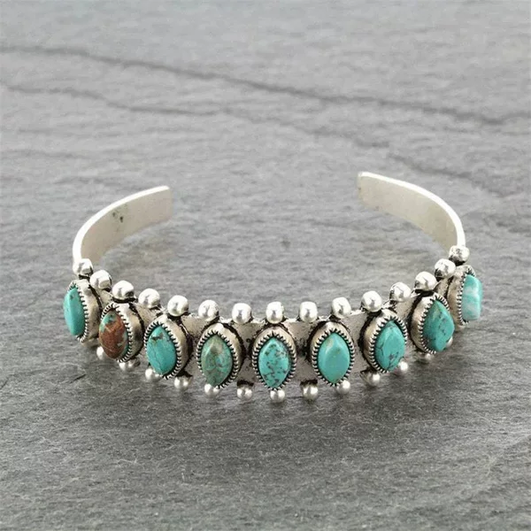 European and American Retro Natural Turquoise Open Bracelet, Indian Ethnic Style, Distressed Silver Bracelet, Western Cowboy Style Bracelet