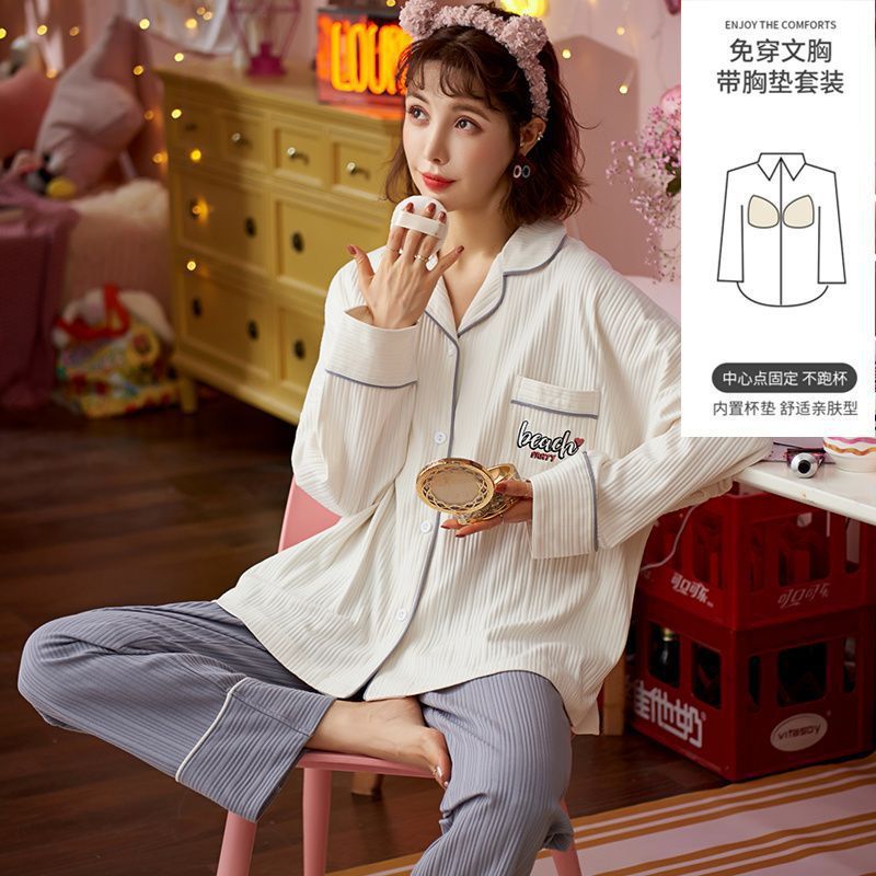 Pijama con cojín de pecho para mujeres primavera y otoño mangas largas 2023 nuevo conjunto de ropa de casa de otoño para mujeres