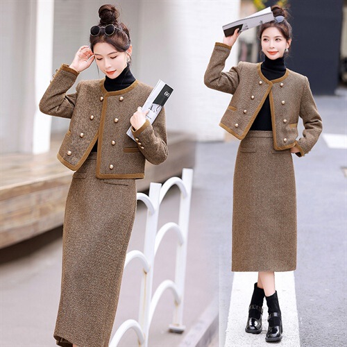 Xiaoxiangfeng Suit Autumn and Winter New Style French down Woolen Winter Skirt Two-Piece Business Suit