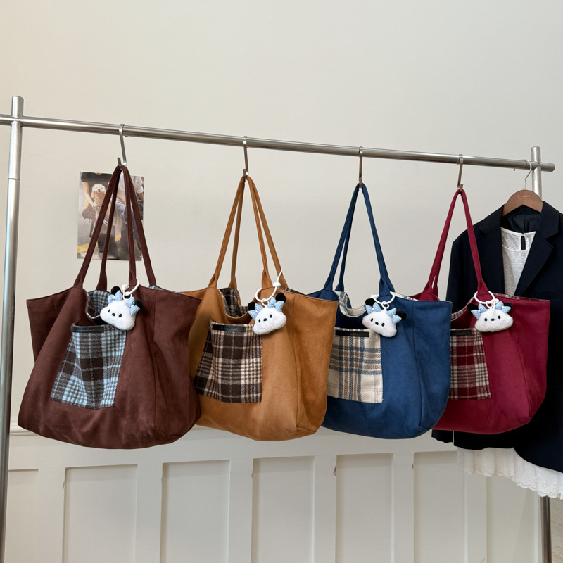 Autumn and Winter New Retro Plaid Shoulder Bag Large Capacity Lazy Canvas Bag Double-Sided Student Commuter Bag for Women Autumn and Winter New Retro Plaid Shoulder Bag Large Capacity Lazy Canvas Bag Double-Sided Student Commuter Bag for Women