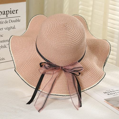 New Summer Straw Hat Women's Big Brim Beach Hat Sun Hat Women's Seaside Bow Ribbon Sun Hat