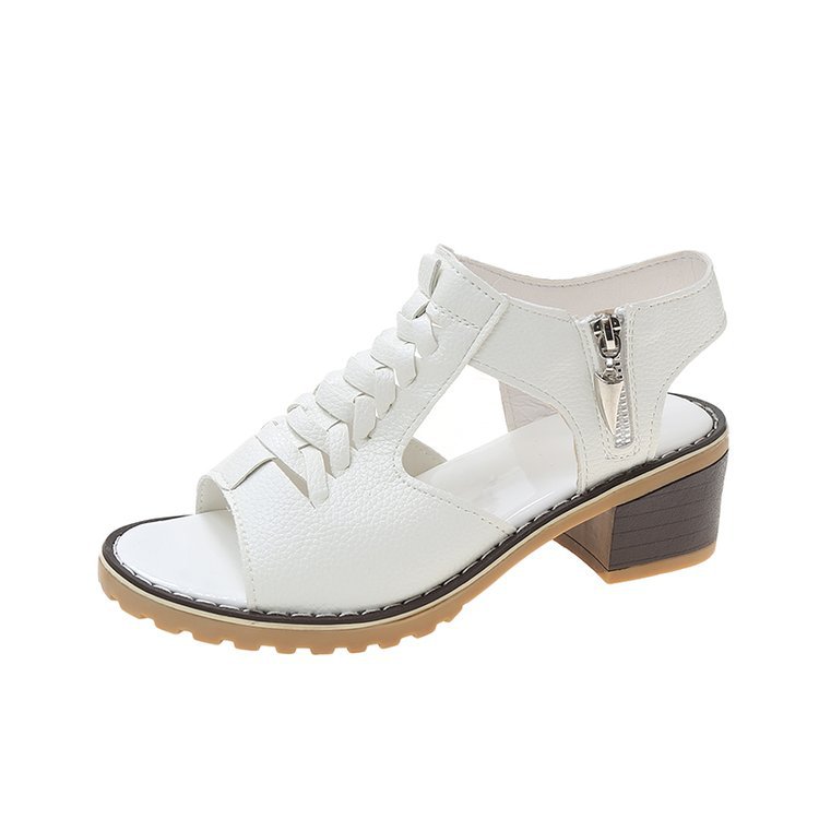 35-43码新款粗跟凉鞋女夏平底日韩学生百搭鱼嘴复古中跟女鞋厂家