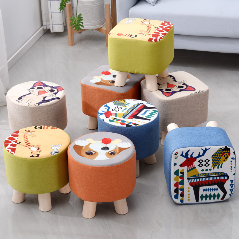 Household Small Stool Square Mushroom Stool Solid Wood Cartoon Children Low Stool Adult Small Stool Living Room Round Shoe Changing Stool