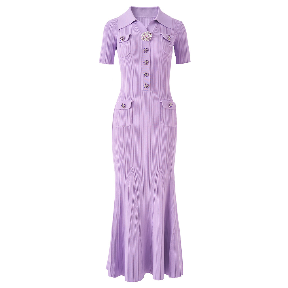 中东风高品质紫色POLO领重工钻扣修身显瘦收腰长款针织跨境连衣裙