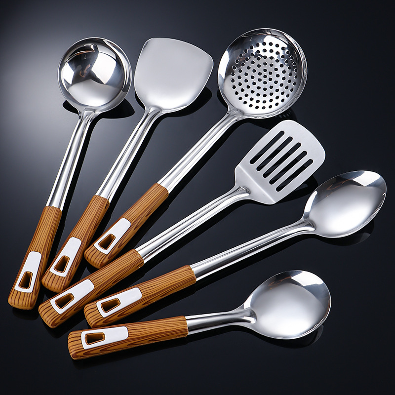Stainless steel kitchenware set thickened wood grain handle spatula…