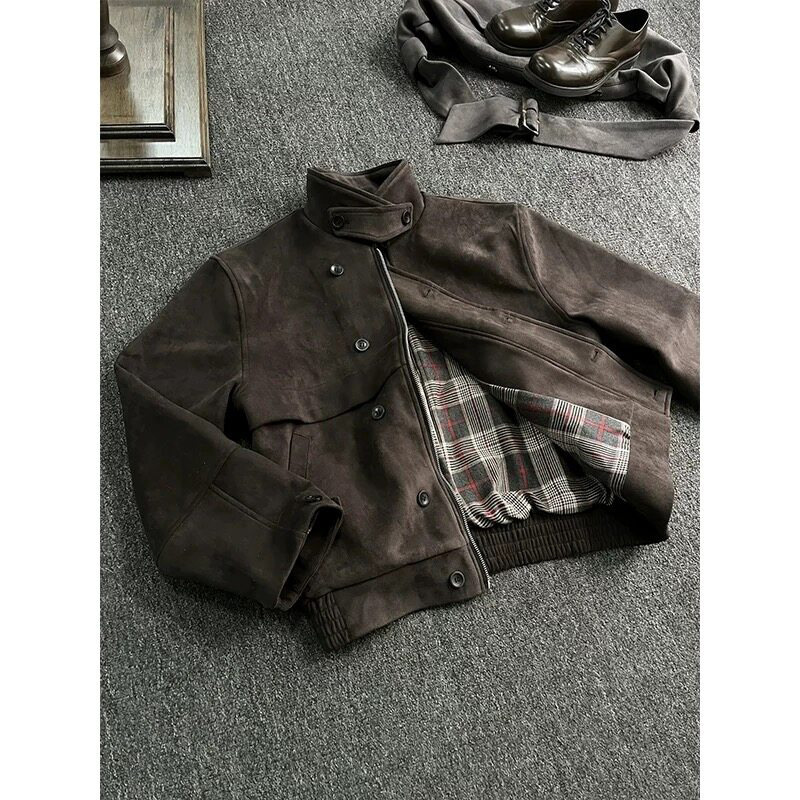 Cleanfit Brown Suede Jacket Men's Spring and Autum Lapel Short Jacket Retro Loose Versatile Workwear Cleanfit Brown Suede Jacket Men's Spring and Autum Lapel Short Jacket Retro Loose Versatile Workwear