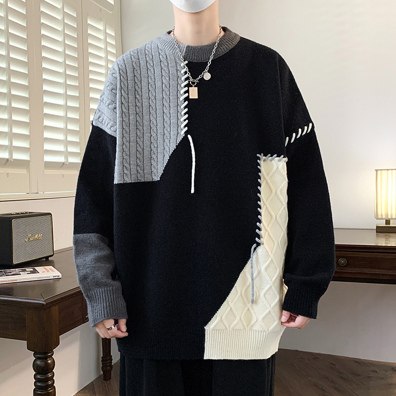 Anyang contraste color cuello redondo suéter hombres Otoño e Invierno nueva marca de moda suéter perezoso estilo diseño suelta pareja suéter