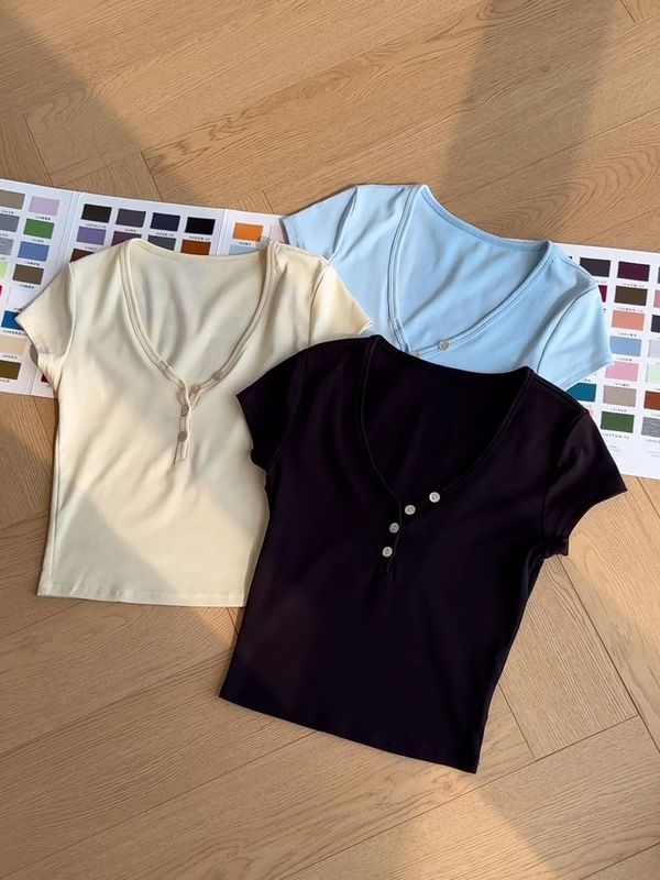 春夏新作万能Tシャツレディース超弾性レーヨンカットオフヘンリーVネックショートトップ|undefined