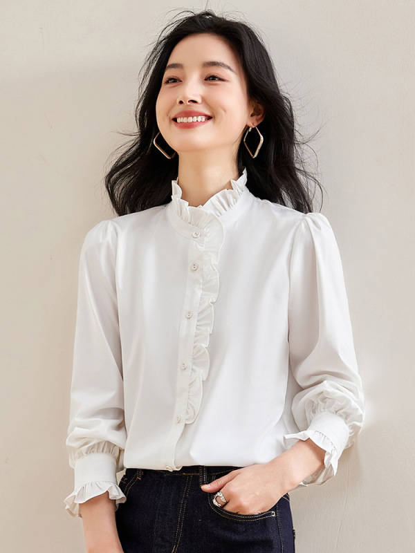 法式小资立领木耳边雪纺衬衫女装秋季2025新款轻奢高级感长袖衬衣|undefined