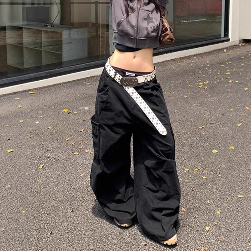 美式复古多口袋工装牛仔裤女春秋款街头潮酷设计感宽松显瘦阔腿裤|undefined