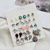 Fashionable retro earrings, silver accessory, set, European style, boho style, 15 pair, wholesale