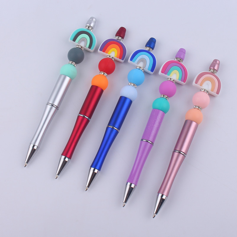 16g Weight Ballpoint Pen Stationery Type 1 Piece Quantity New Beaded Pen Spot Diy Creative Handmade Rainbow Silicone Teether Beads Beaded Pen Color Plastic Writing Pen