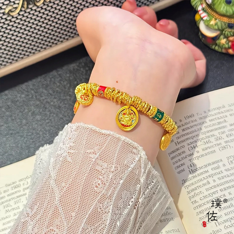 璞佐金店同款沙金琺瑯黃財神盤纏手鍊女新中式國潮風手串送女友