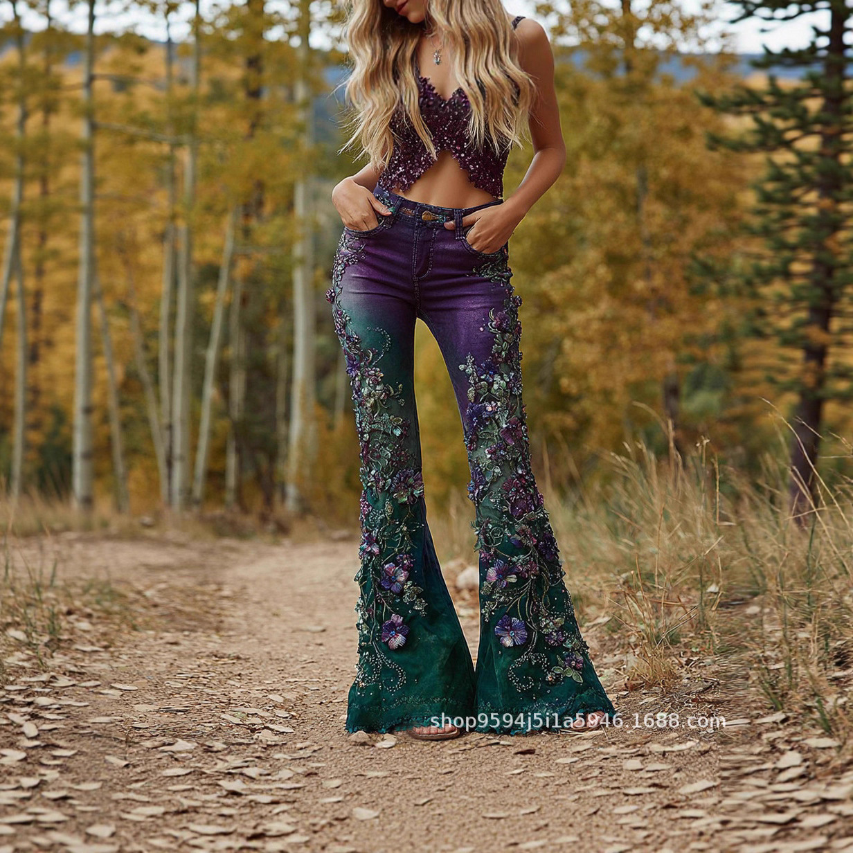 欧美跨境亚马逊新款 3D数码印花 女士时尚牛仔喇叭裤花朵性感