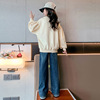 Sweatshirt for leisure, denim trousers with letters, set, autumn, 2023 collection, suitable for teen, loose straight fit