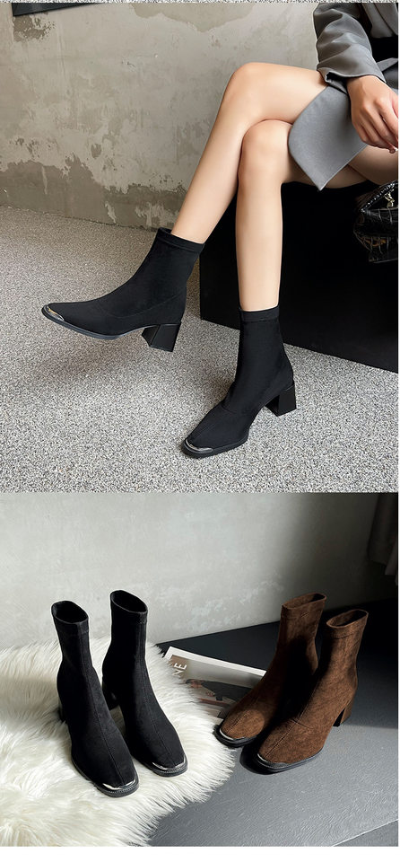Bốt nữ ngắn mũi vuông gót dày 7 cm chất liệu da lộn phối cashmere — màu nâu, đen chi tiết 10