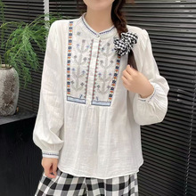 2025秋季新款立领长袖衬衫 森系小清新刺绣棉纱宽松版休闲衬衣女
