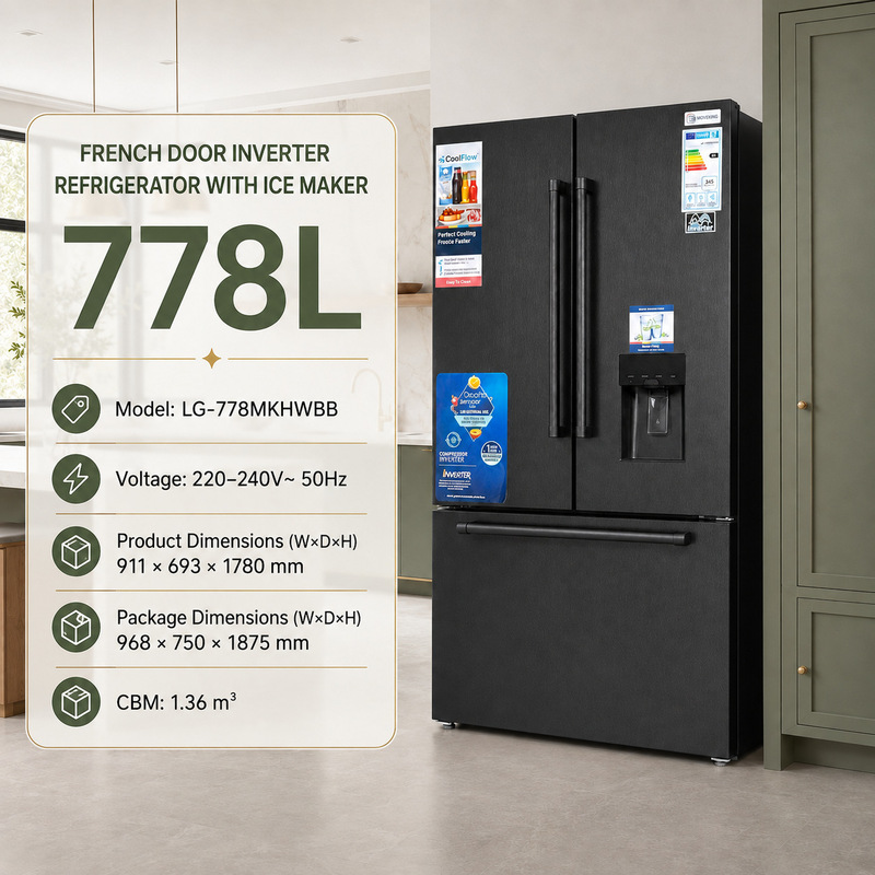 Export English refrigerator 778L, French-style large-capacity household inverter refrigerator, air-cooled, frost-free Export English refrigerator 778L, French-style large-capacity household inverter refrigerator, air-cooled, frost-free