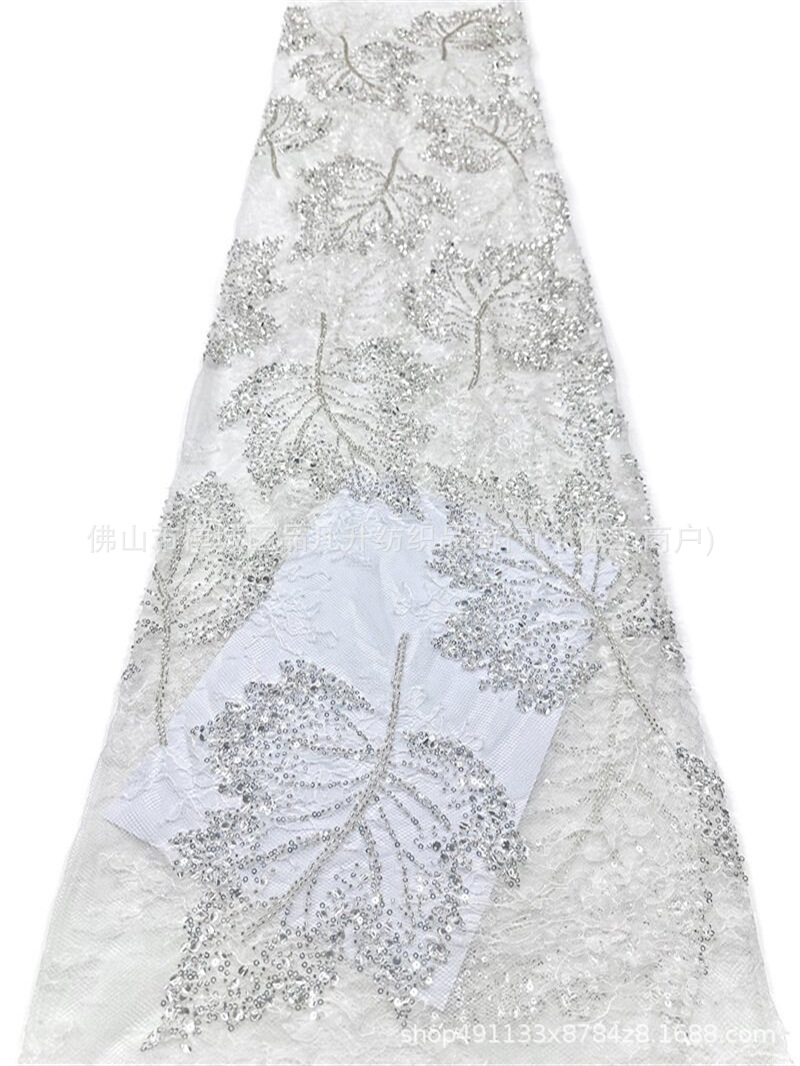 Nuevo encaje de hoja de arce hecho a mano tela de cuentas de clavado sequilla cola de pescado vestido de brindis cena anual vestido de tela en stock