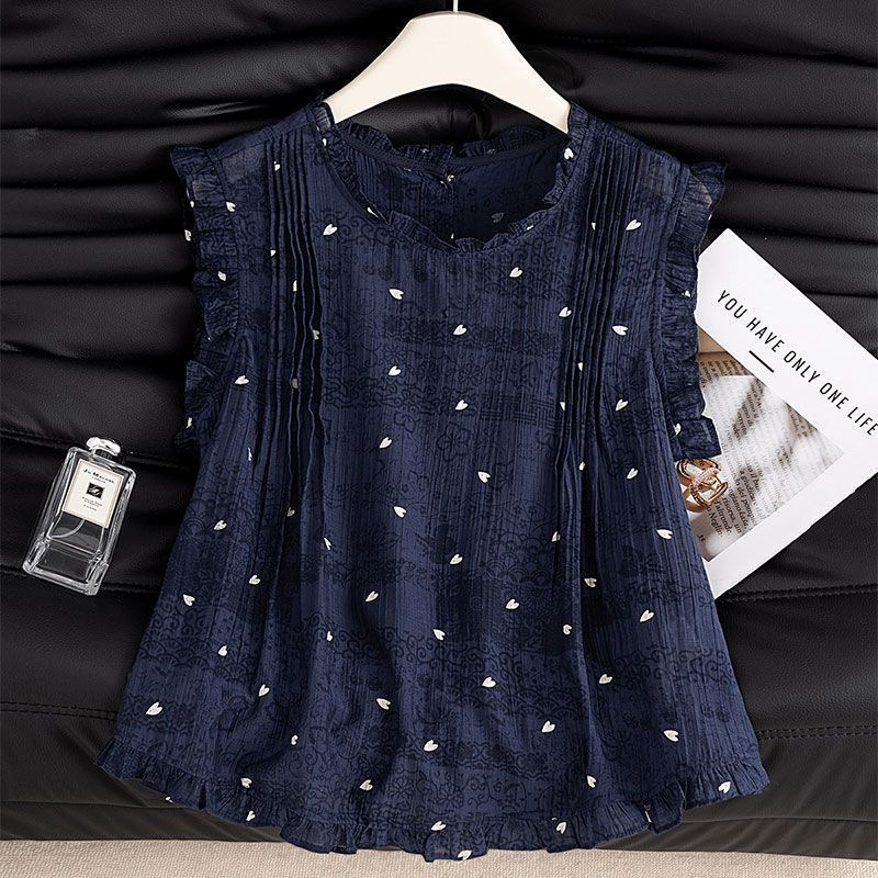 Sleeveless Top for Women, Summer Lightweight Heart Print Shirt, Loose and Versatile, Fungus Ruffled Floral Shirt, Baby Doll Shirt