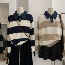 欧玛莱 牛仔拼接假两件毛衣女秋冬新款百搭翻领针织条纹上衣 5700