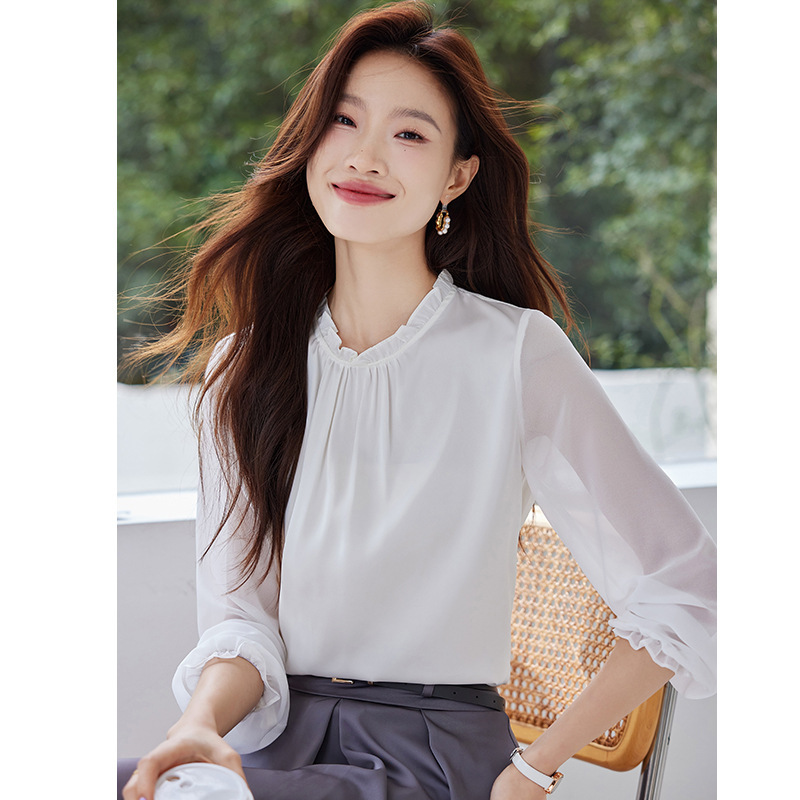 French-Style High-End Long-Sleeve Patchwork Slim-Fit Elegant Shirt for Women, 2026 Spring New Fashion Top, Base Layer Blouse